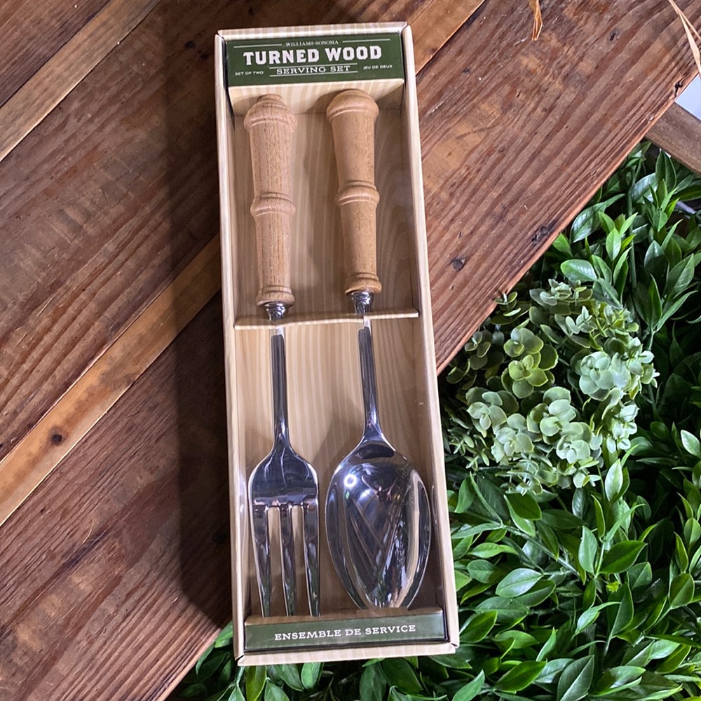 Williams Sonoma Turned Oak Wood and Stainless Steel Serving Fork and Spoon Set